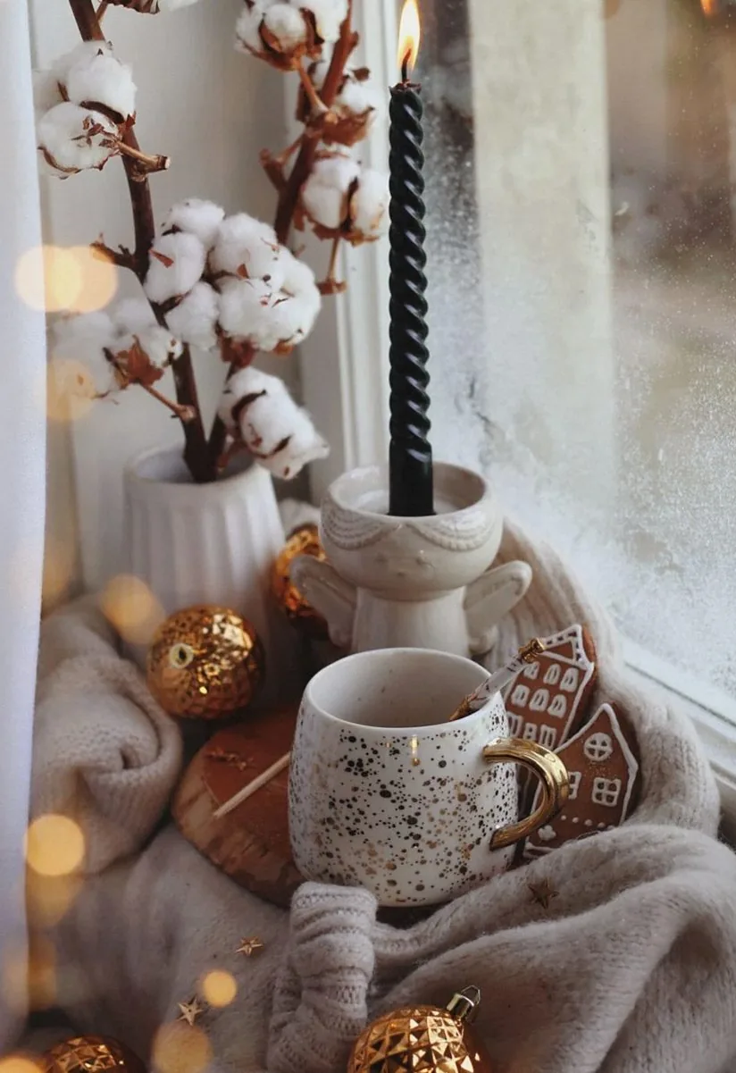 Warm and inviting windowsill decorated with candle, mug, and festive ornaments evoking holiday spirit.